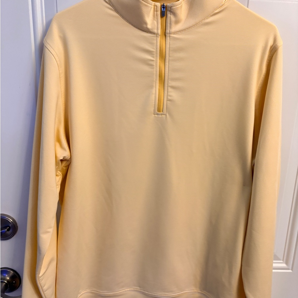 Peter Millar Men’s Yellow with White Stripe Half-Zip Sweater, size medium.